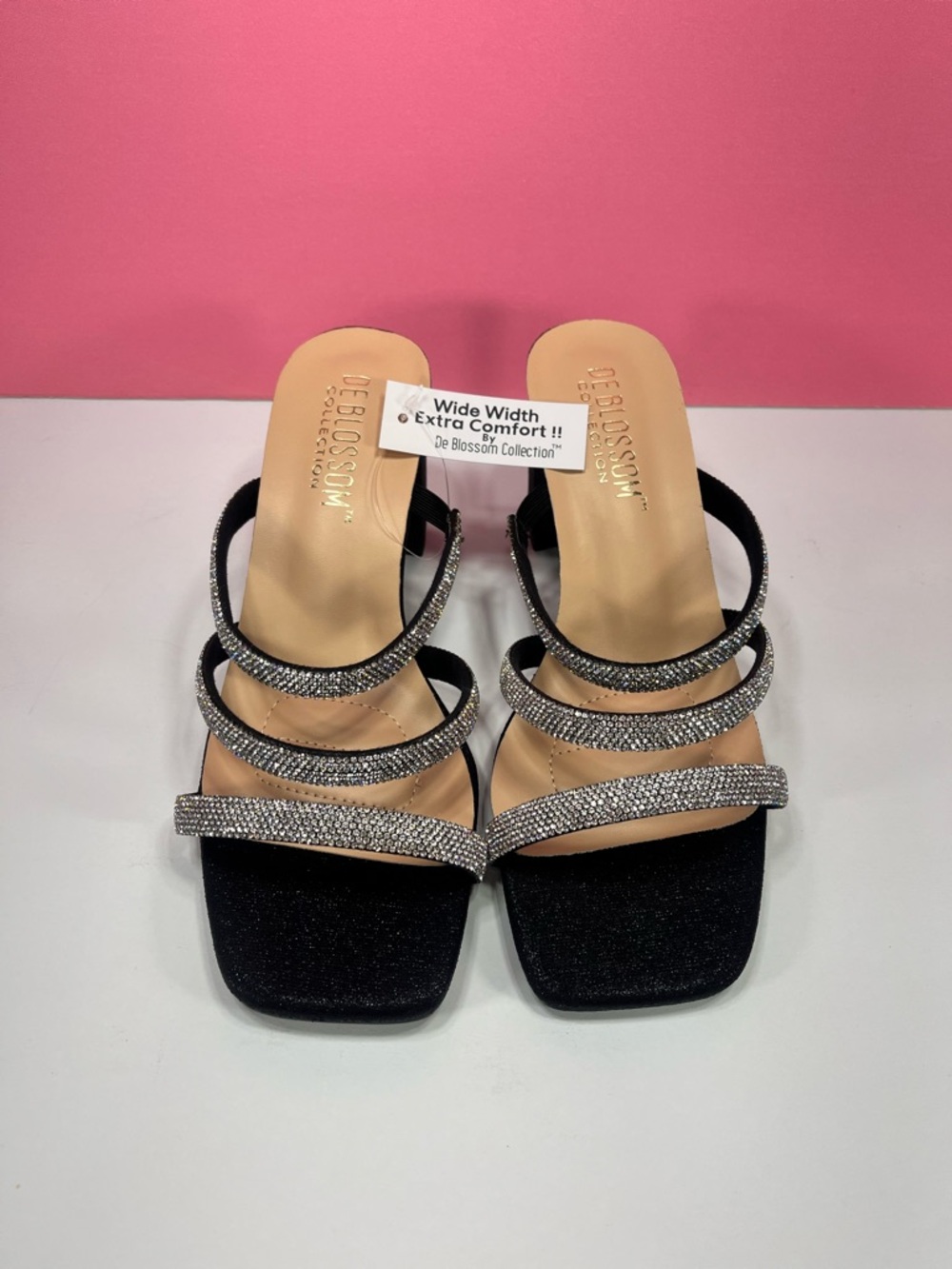Black Rhinestone Strappy Block Heel Sandals size 7 Wide width fit extra comfort - Picture 2 of 7